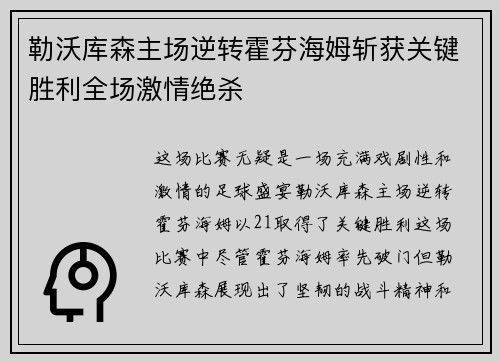勒沃库森主场逆转霍芬海姆斩获关键胜利全场激情绝杀 勒沃库森主场逆转霍芬海姆斩获关键胜利全场激情绝杀