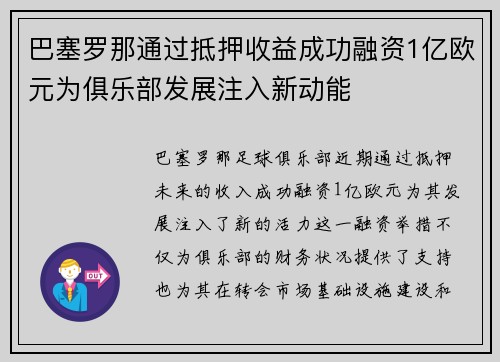 巴塞罗那通过抵押收益成功融资1亿欧元为俱乐部发展注入新动能